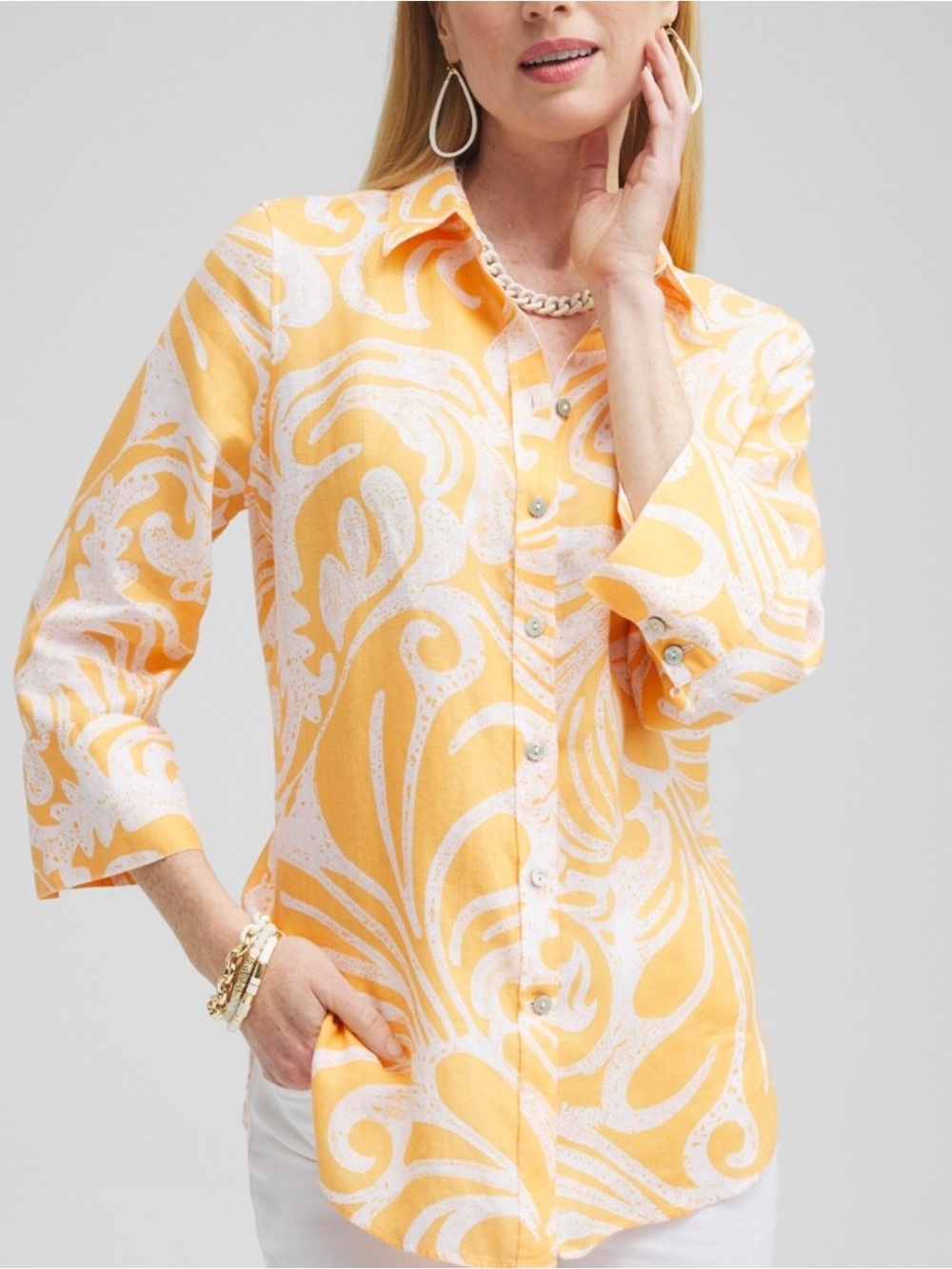 Chico's Yellow & White Swirl Print Button-Down Shirt